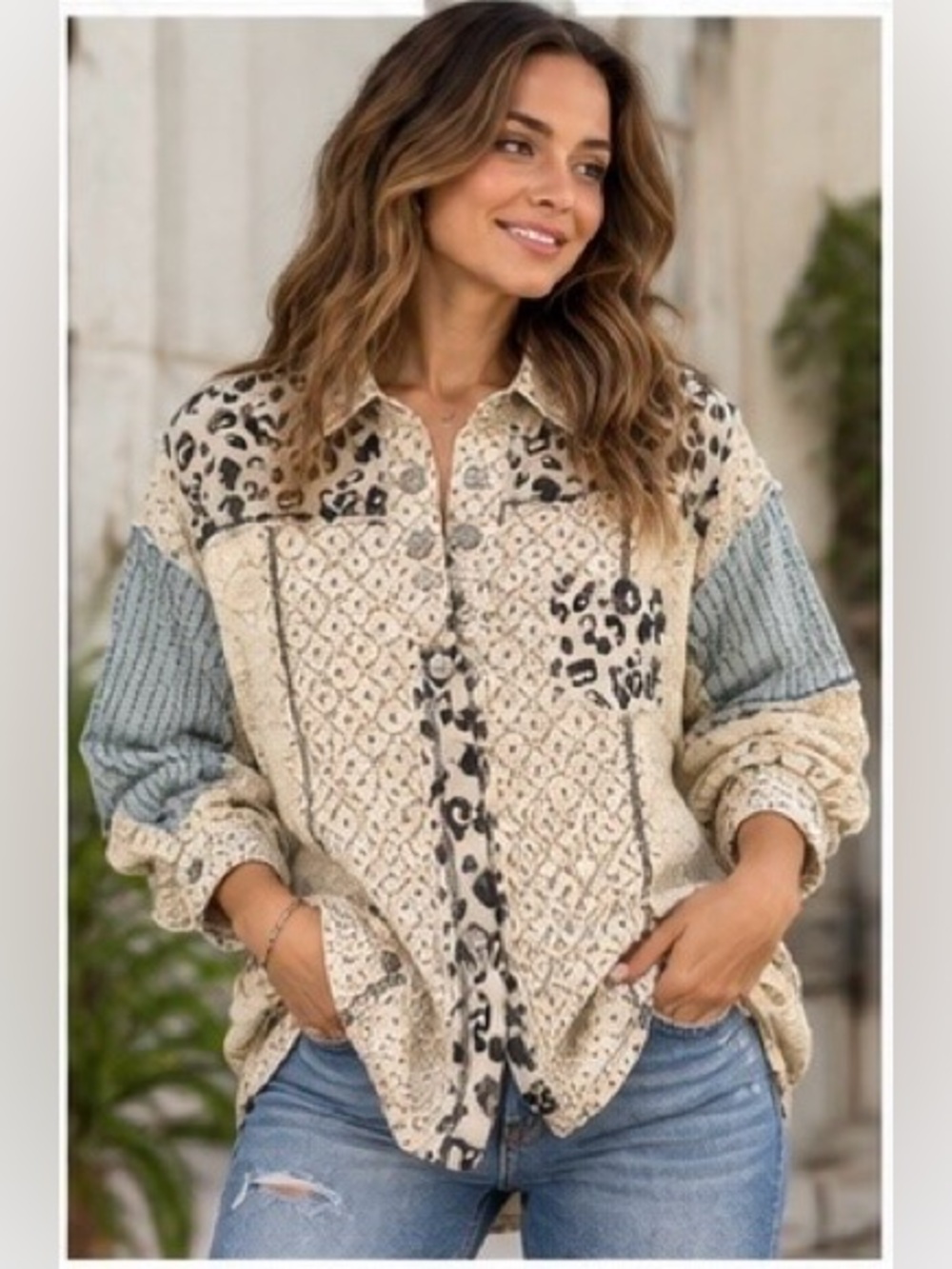 POL Cream Mixed Media Button-Down Shirt Shacket oversized Small - NWOT